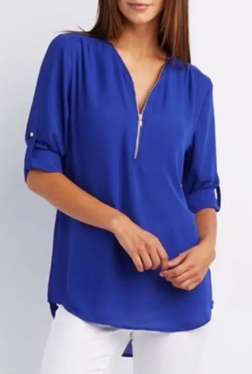 Blue V-Neck Zipper Chiffon Shirt for Women Large - Image 2