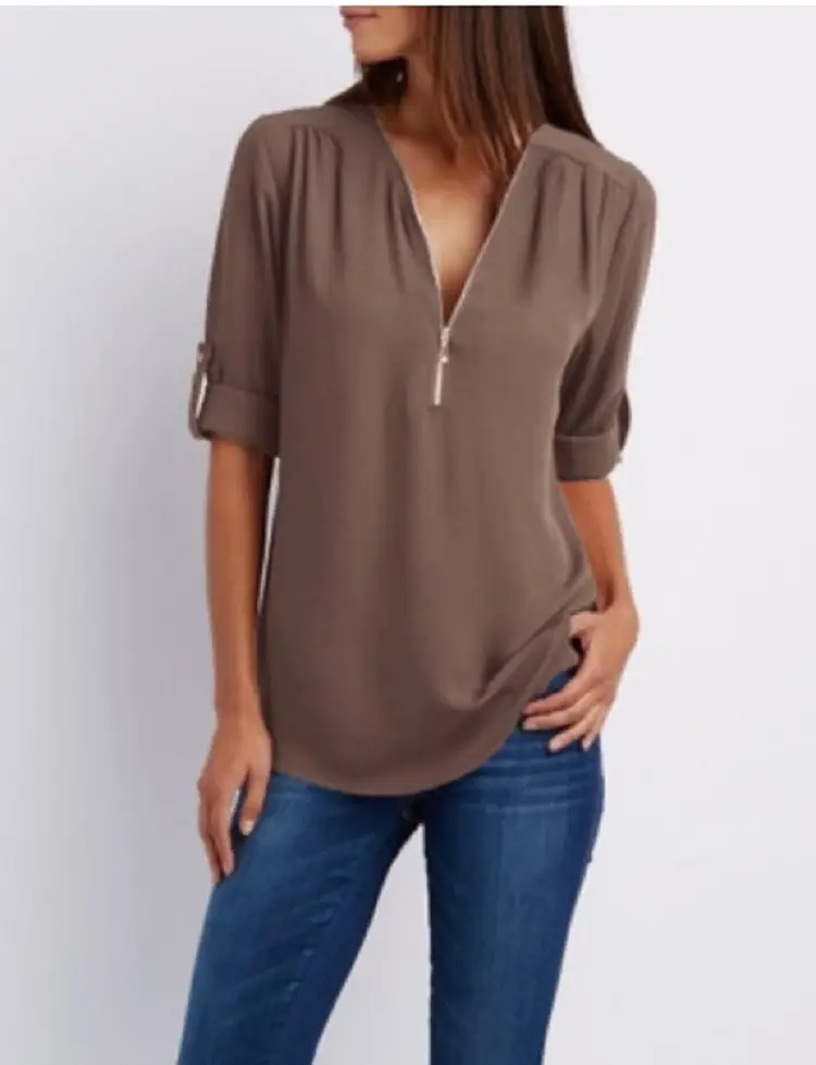 Blue V-Neck Zipper Chiffon Shirt for Women Large - Image 3