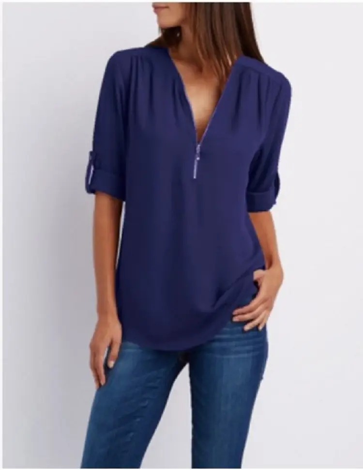 Blue V-Neck Zipper Chiffon Shirt for Women Large - Image 4