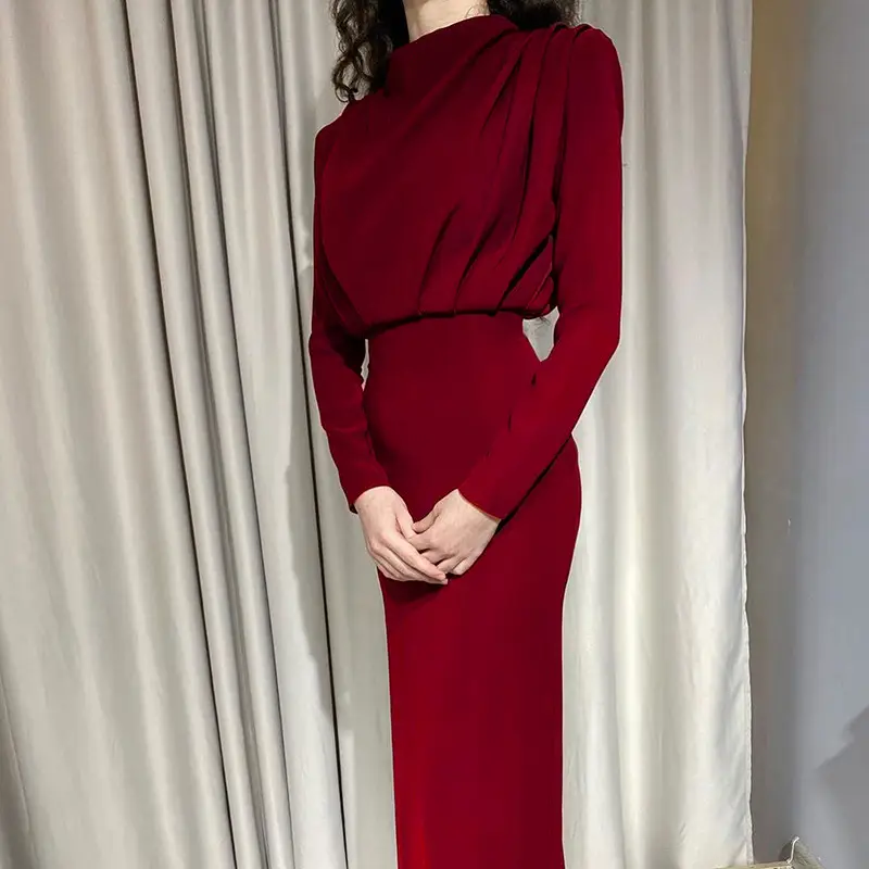 Maroon Long-Sleeved Waist Dress for Women - Image 2