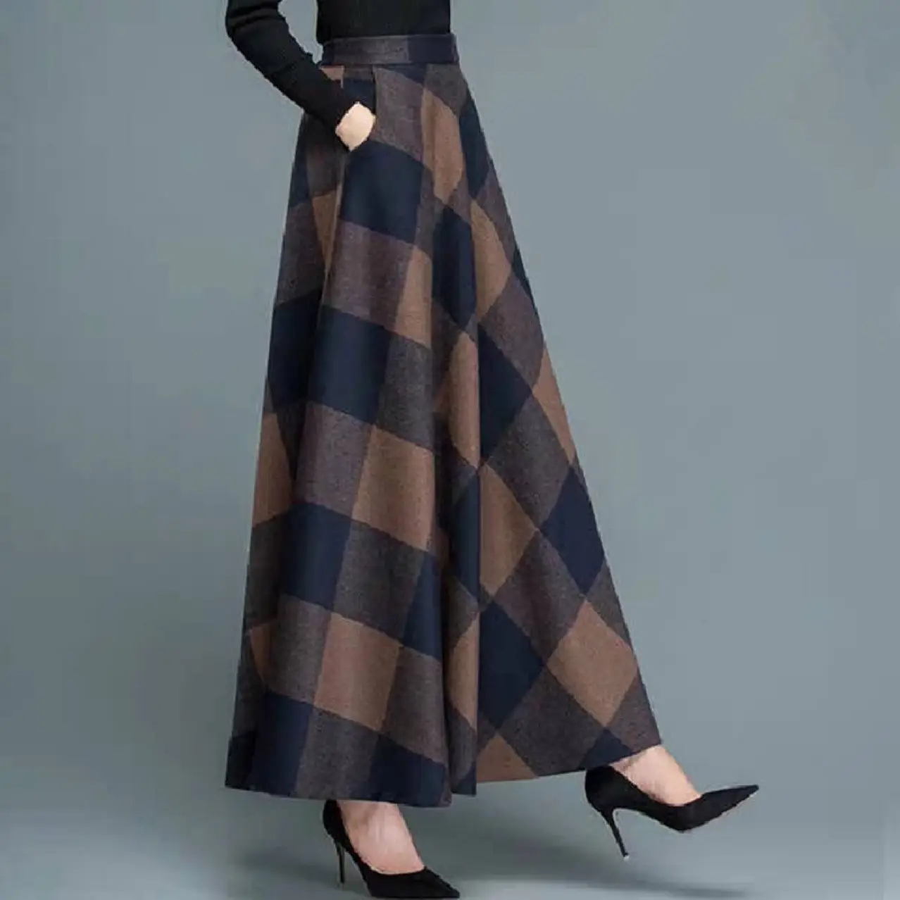 Women Woolen Long Swing Skirt Autumn Winter Printed High Waist - Image 3