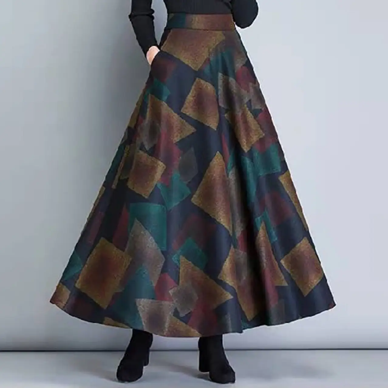 Women Woolen Long Swing Skirt Autumn Winter Printed High Waist - Image 5