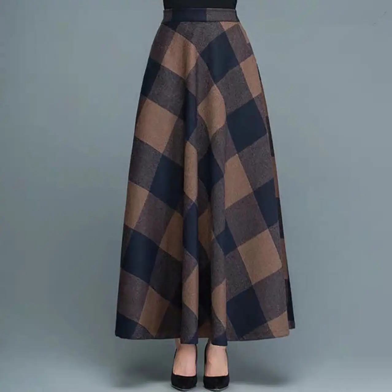 Women Woolen Long Swing Skirt Autumn Winter Printed High Waist - Image 6
