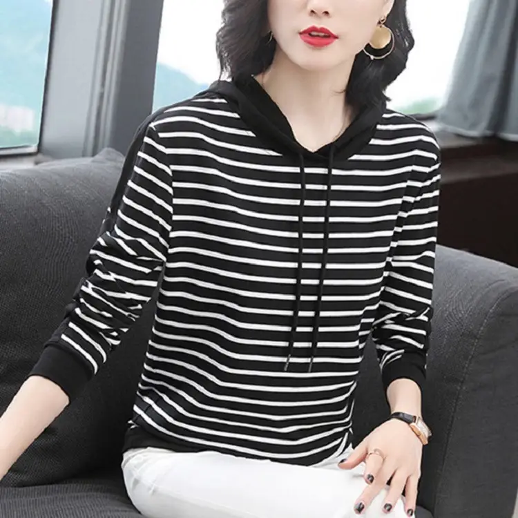 Women Cotton Striped Hoodie Spring Autumn Plus Size - Image 5