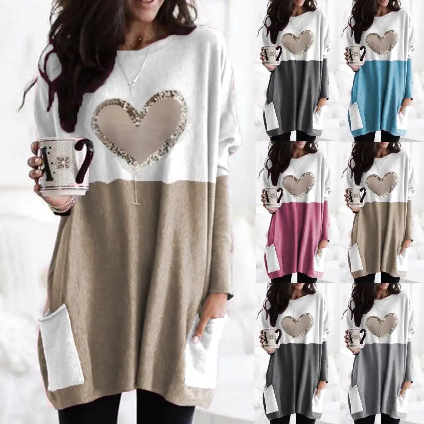 Women Heart Printed Long Sleeve T-Shirt Pink White