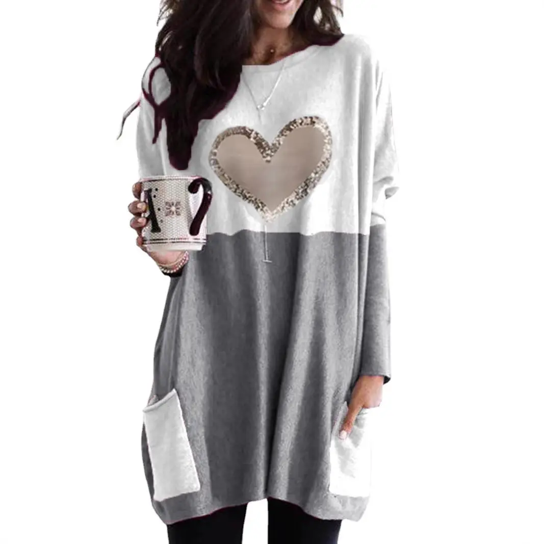 Women Heart Printed Long Sleeve T-Shirt Pink White