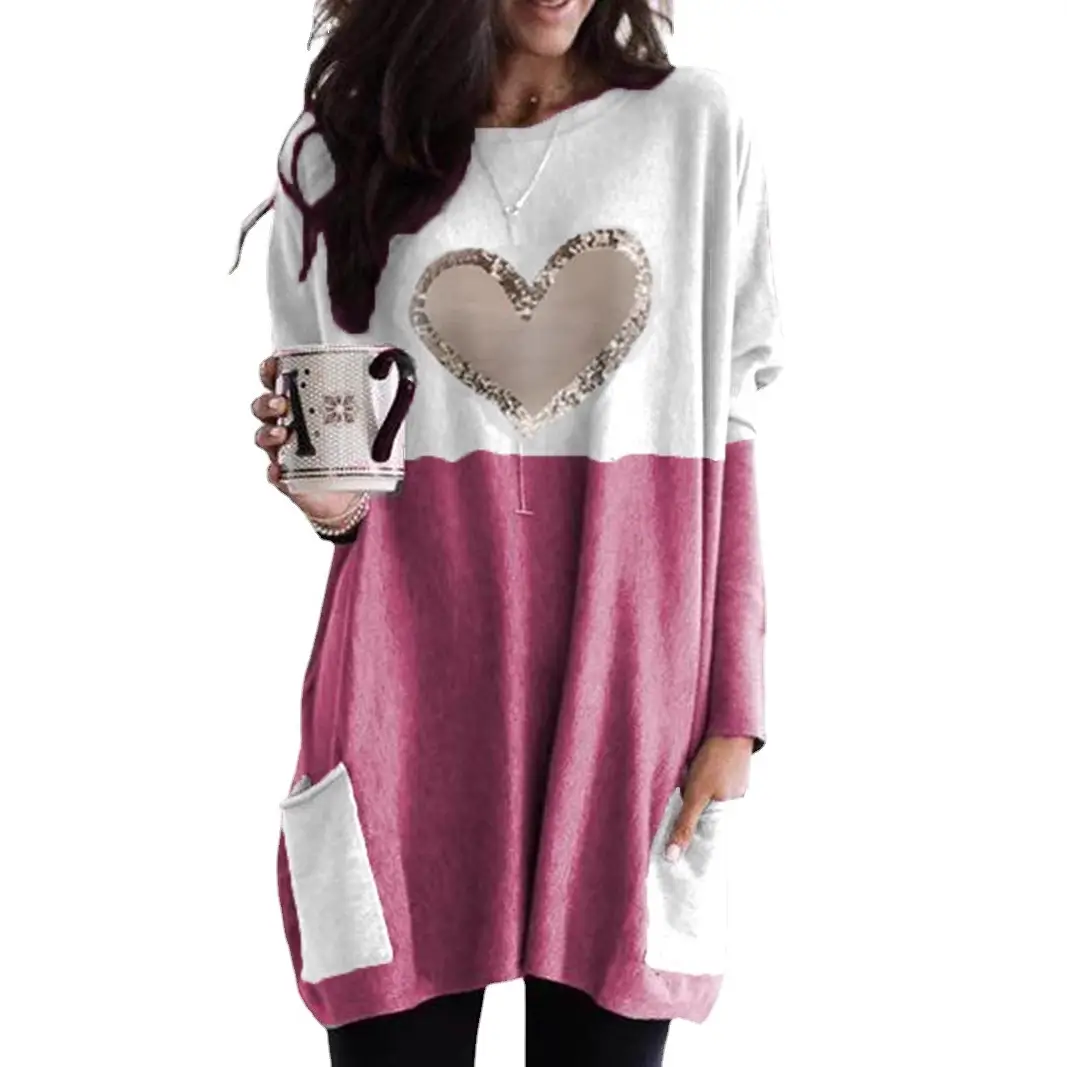 Women Heart Printed Long Sleeve T-Shirt Pink White