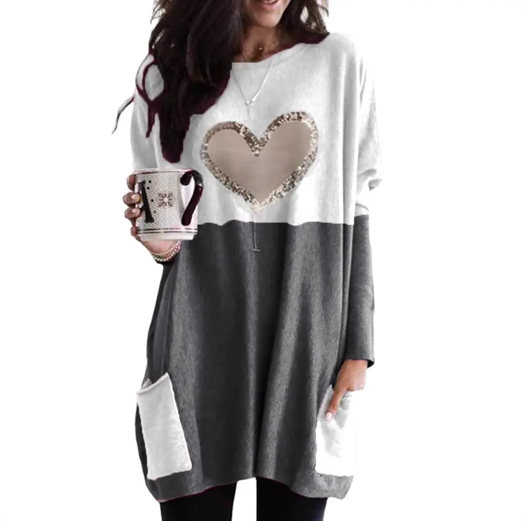 Women Heart Printed Long Sleeve T-Shirt Pink White