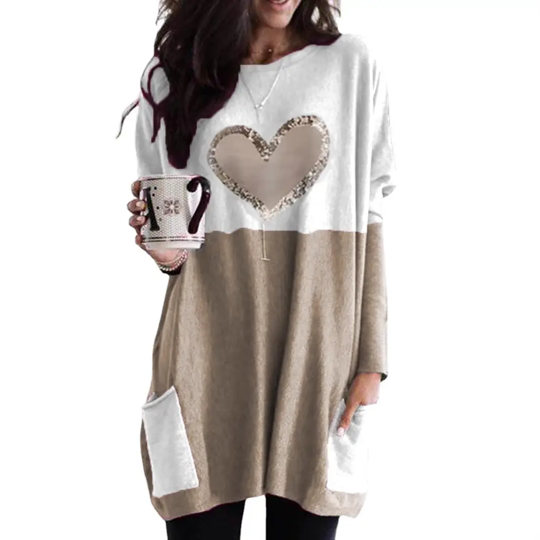 Women Heart Printed Long Sleeve T-Shirt Pink White