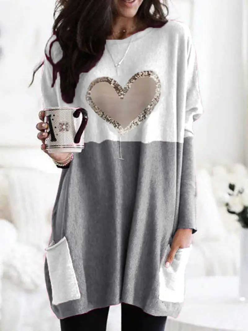 Women Heart Printed Long Sleeve T-Shirt Pink White