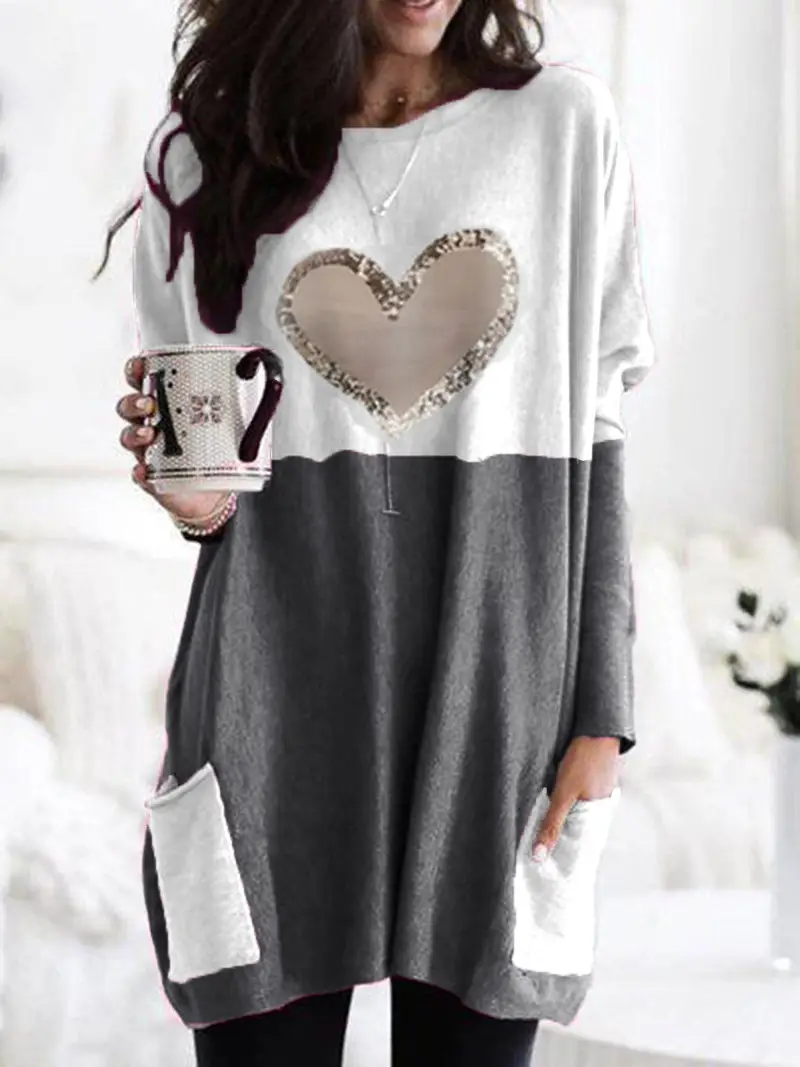 Women Heart Printed Long Sleeve T-Shirt Pink White