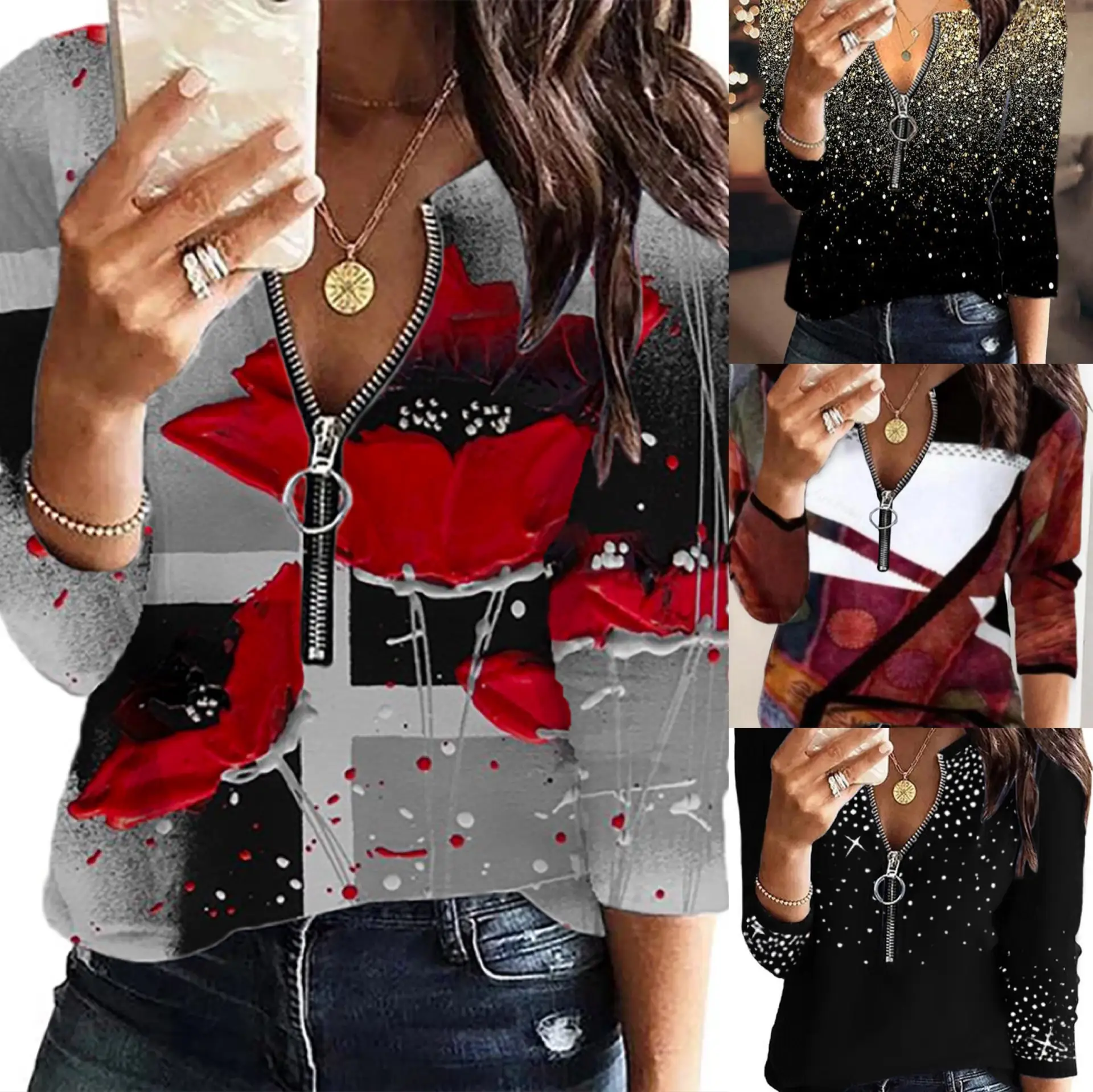 Black Sparkly V-Neck Long Sleeve T-Shirt for Women - Image 5