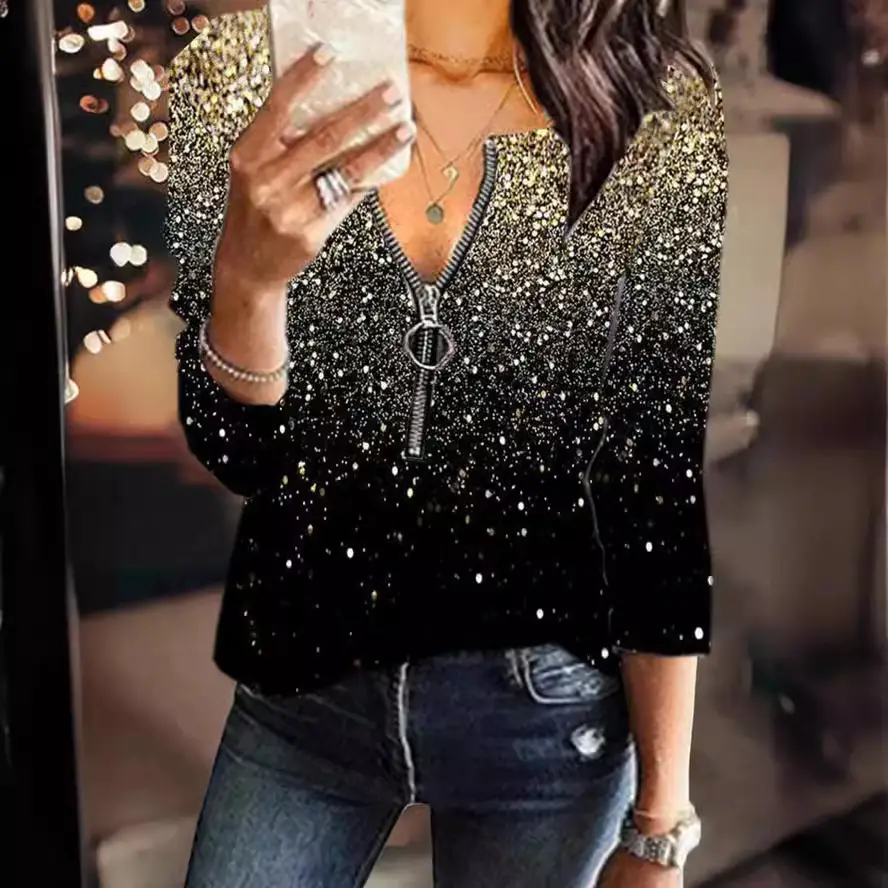 Black Sparkly V-Neck Long Sleeve T-Shirt for Women - Image 7