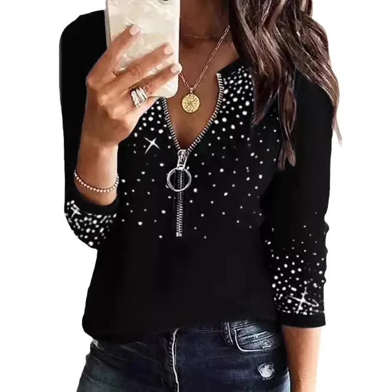 Black Sparkly V-Neck Long Sleeve T-Shirt for Women - Image 9