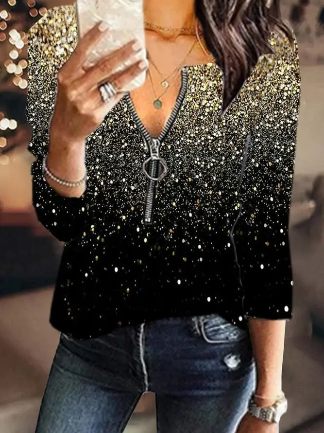 Black Sparkly V-Neck Long Sleeve T-Shirt for Women - Image 2