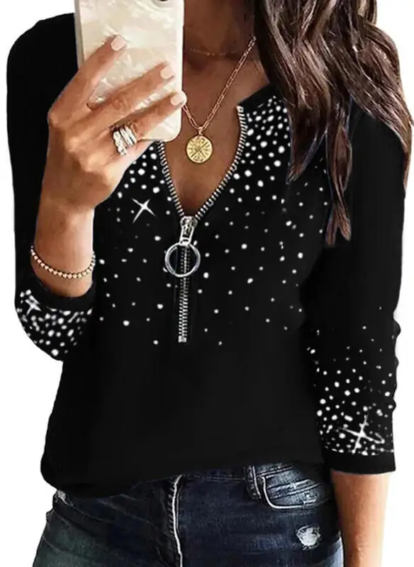 Black Sparkly V-Neck Long Sleeve T-Shirt for Women - Image 4