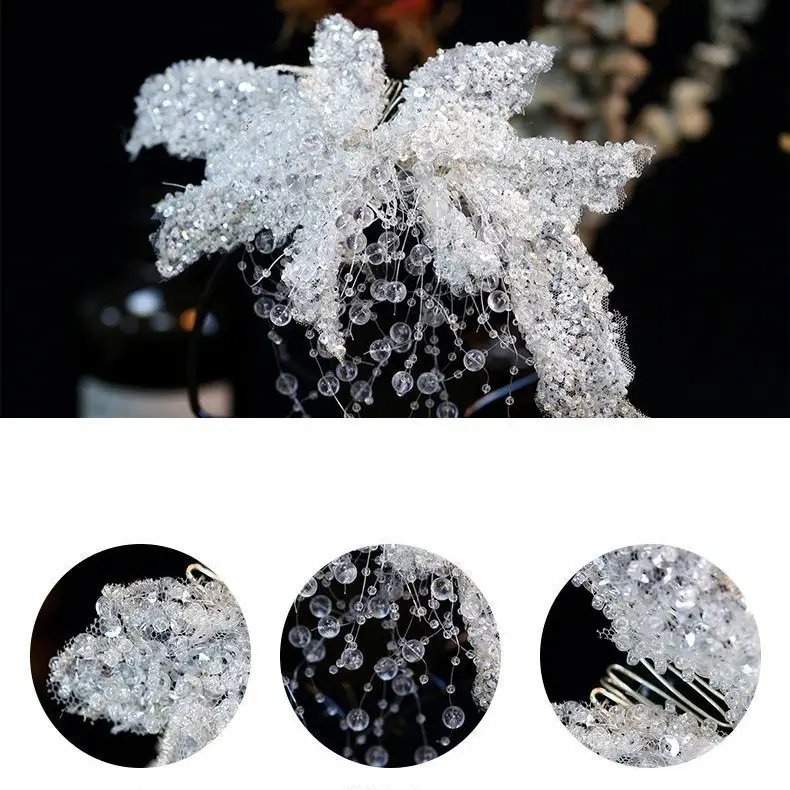 Korean Bride Hair Comb Headdress with Heavy Sequins Beaded Emboss - Image 4