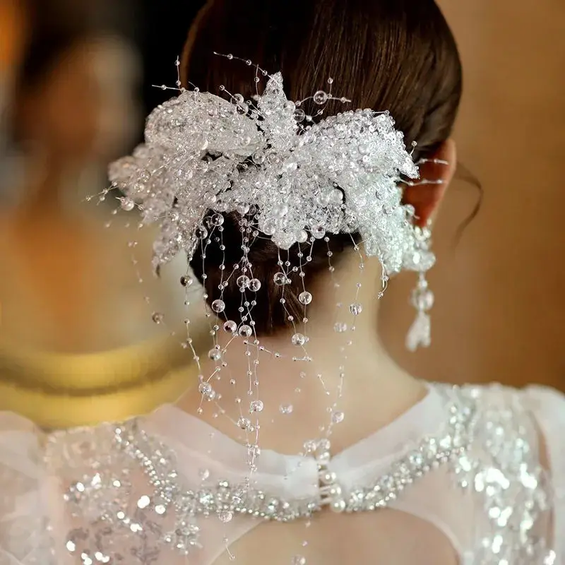 Korean Bride Hair Comb Headdress with Heavy Sequins Beaded Emboss - Image 2