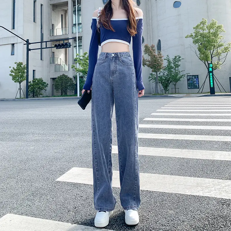 Women's High Waist Jeans Set Winter Loose Slim Wide Leg - Image 2