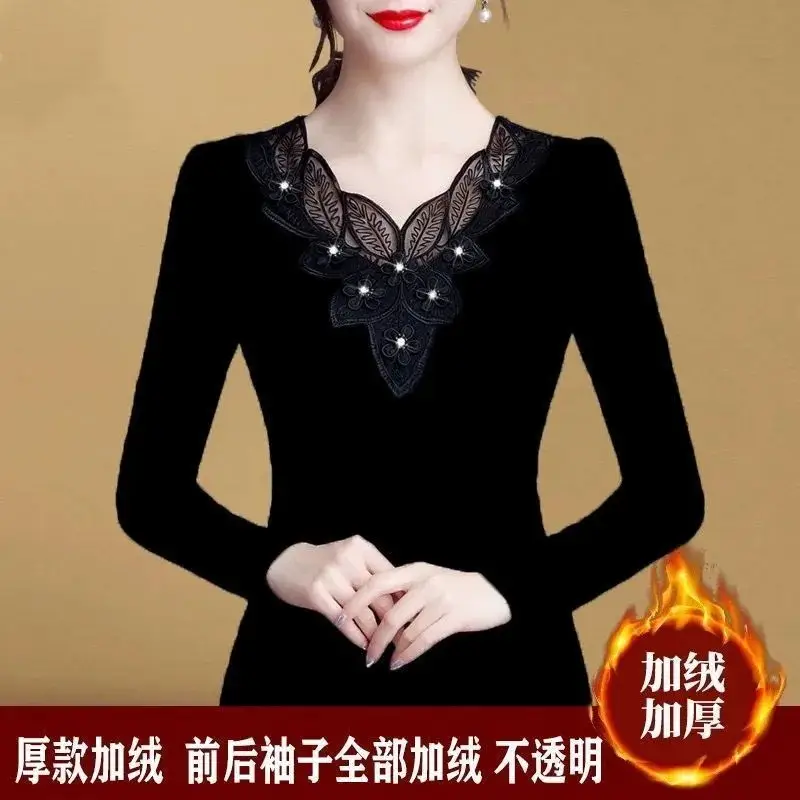 Women Slim Fit Fleece Lined Shirt with Lace & Rhinestone - Image 4