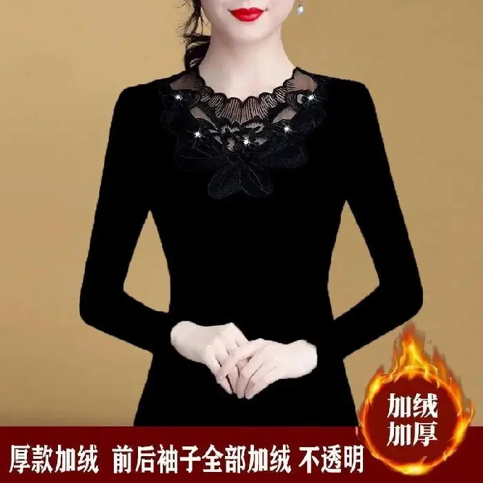 Women Slim Fit Fleece Lined Shirt with Lace & Rhinestone - Image 2