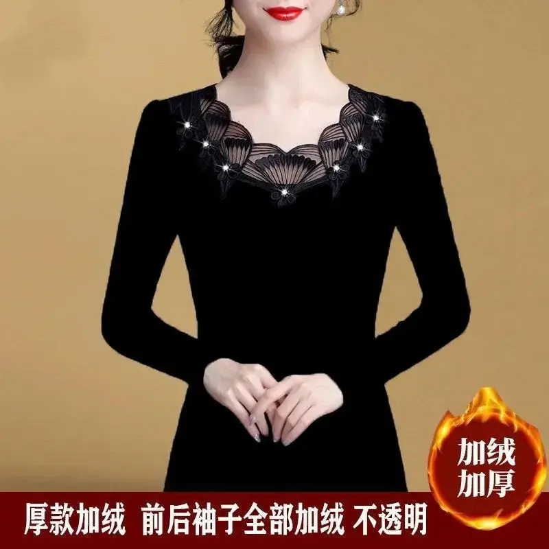 Women Slim Fit Fleece Lined Shirt with Lace & Rhinestone - Image 6