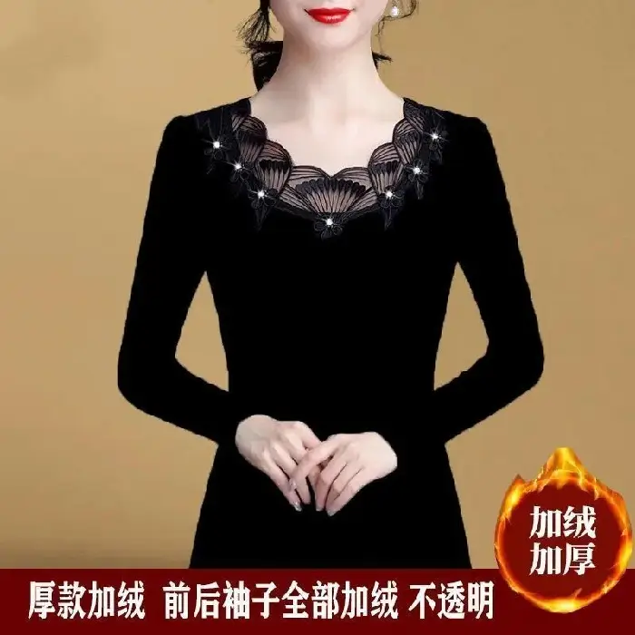 Women Slim Fit Fleece Lined Shirt with Lace & Rhinestone - Image 3