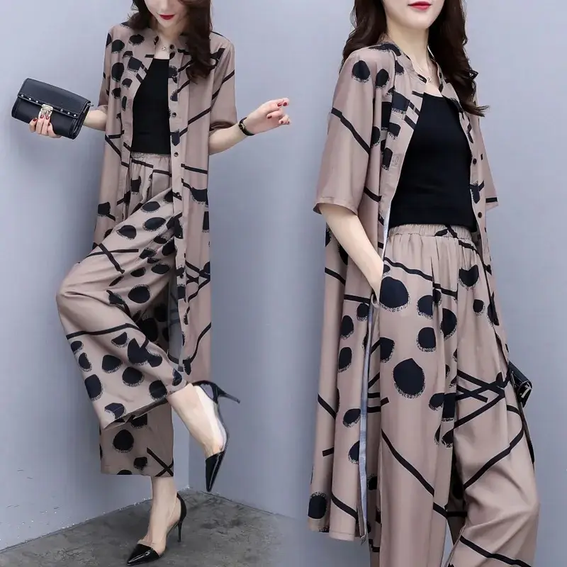 2-piece Printed Loose Slimming Suit Beige Black - Image 4