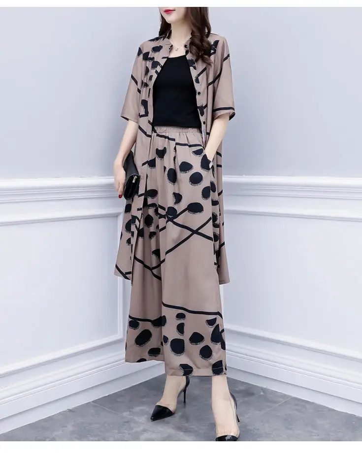 2-piece Printed Loose Slimming Suit Beige Black — feature 14