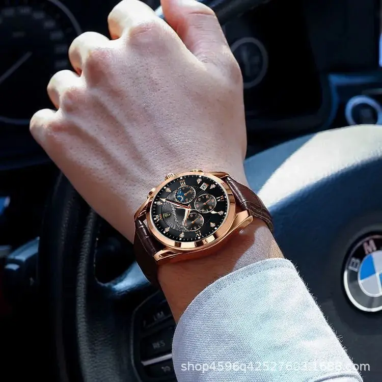 Men's Waterproof Luminous Quartz Watch with Brown Leather Belt - Image 13