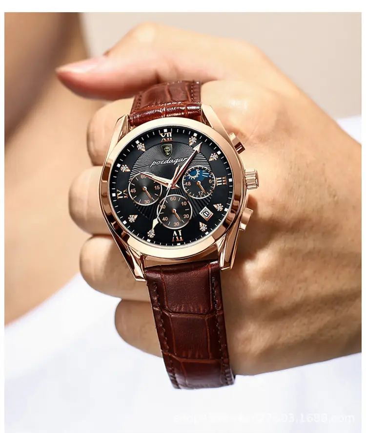 Men's Waterproof Luminous Quartz Watch with Brown Leather Belt — feature 4