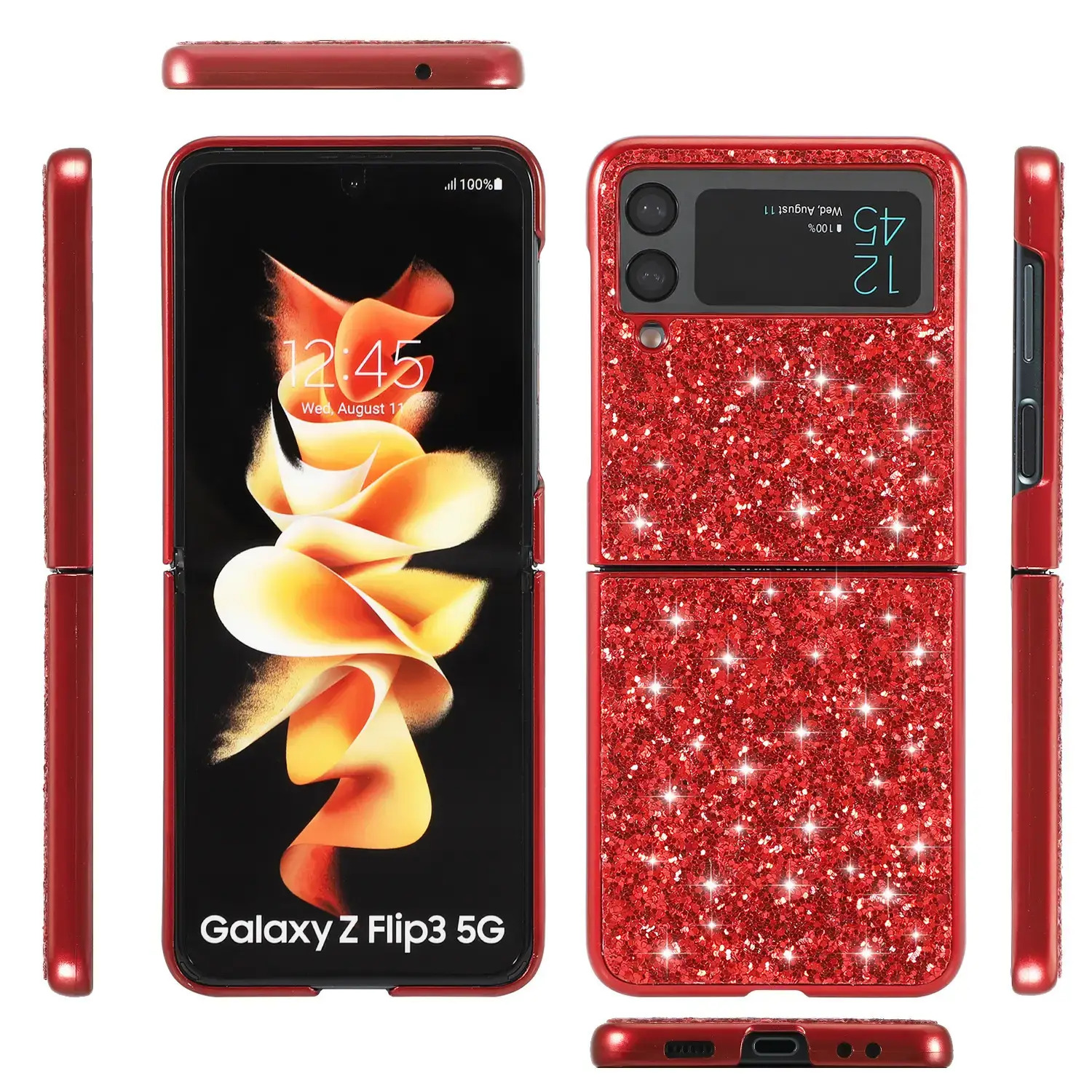 Glitter Leather Flip Phone Case Red 360° - Image 11