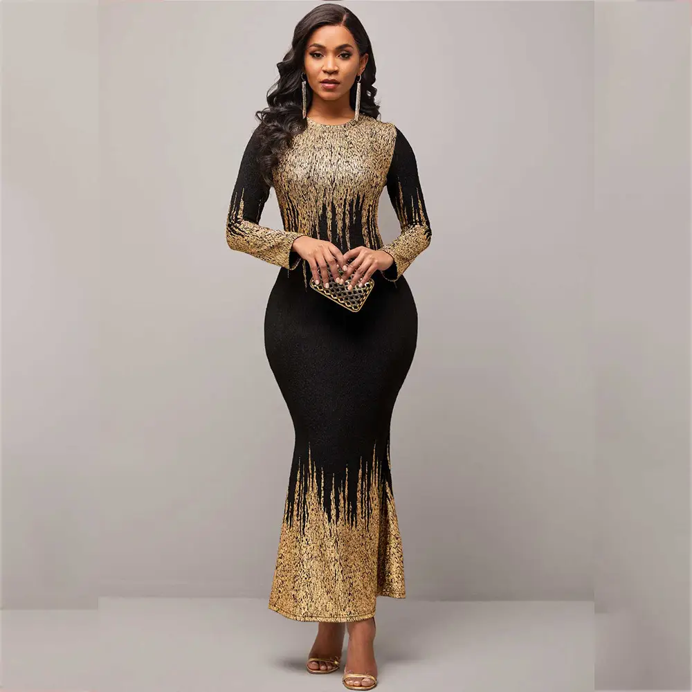 2025 Hot Stamped Fishtail Dress Blue Long Sleeve - Image 5