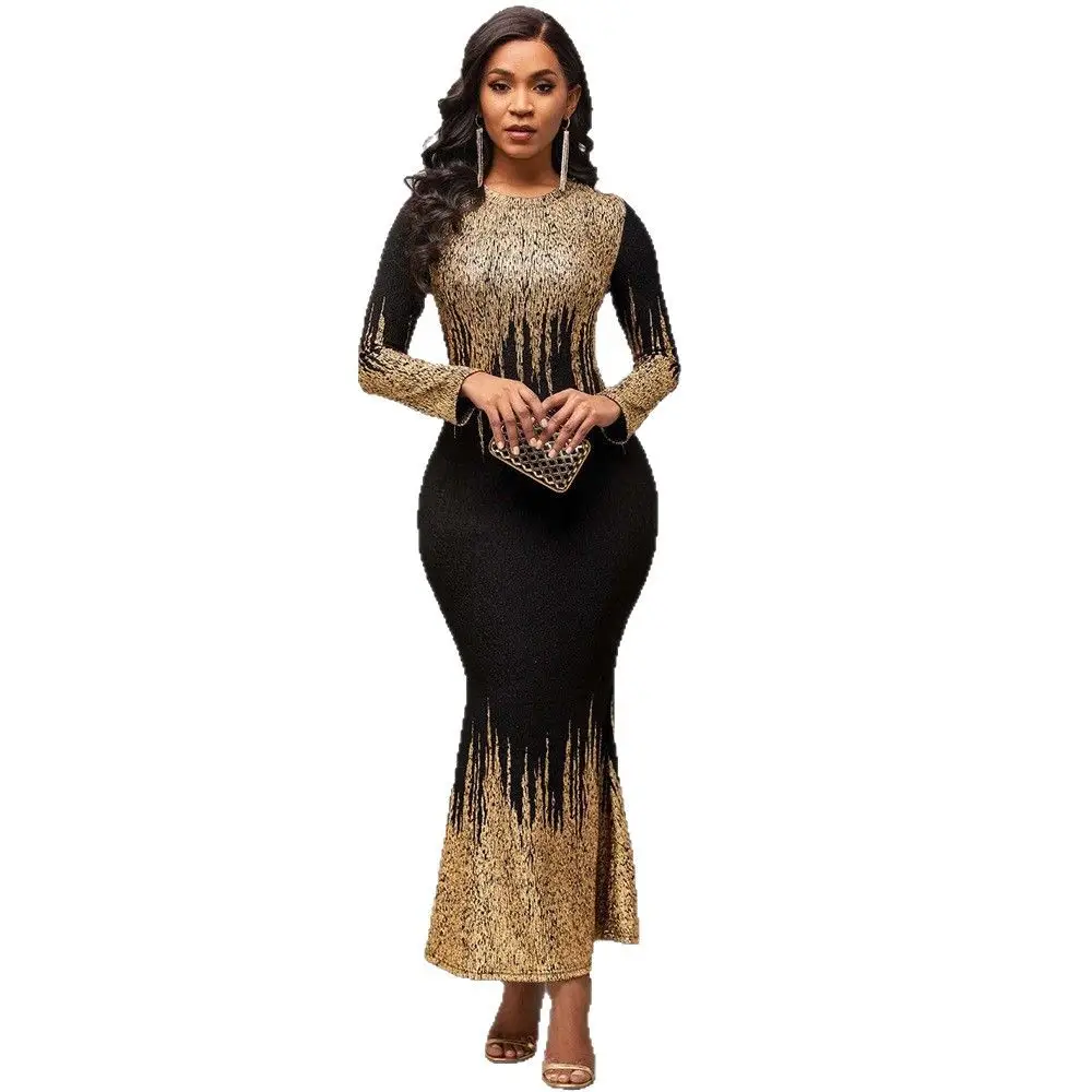 2025 Hot Stamped Fishtail Dress Blue Long Sleeve - Image 8