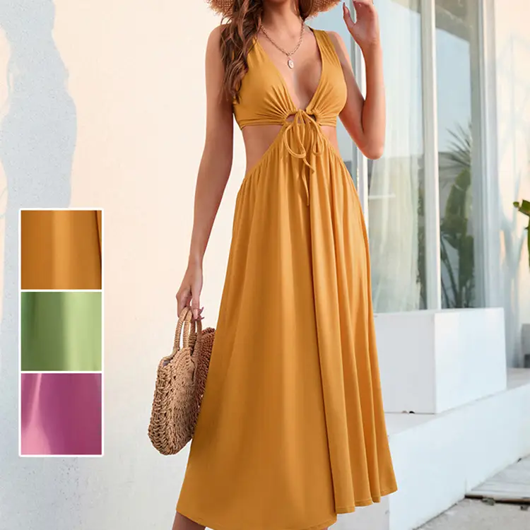 Orange Sexy Halter Backless Knitted Tank Dress for Women — feature 1