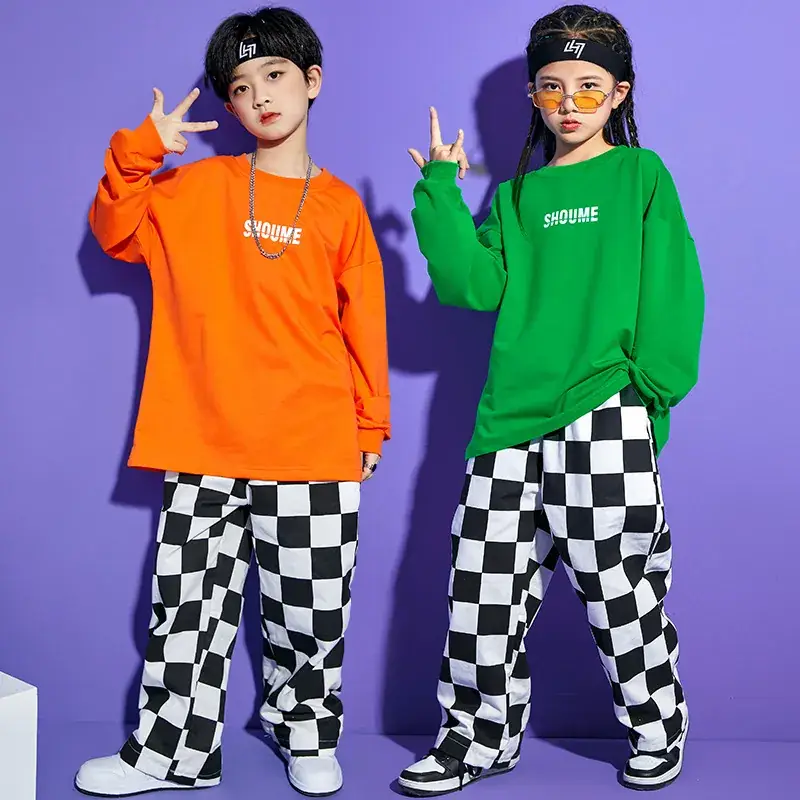Children Hip Hop Checkered Sweatshirt Set Orange Green - Image 5