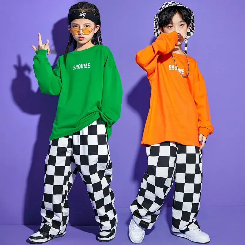 Children Hip Hop Checkered Sweatshirt Set Orange Green - Image 6