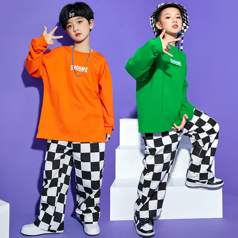 Children Hip Hop Checkered Sweatshirt Set Orange Green - Image 7