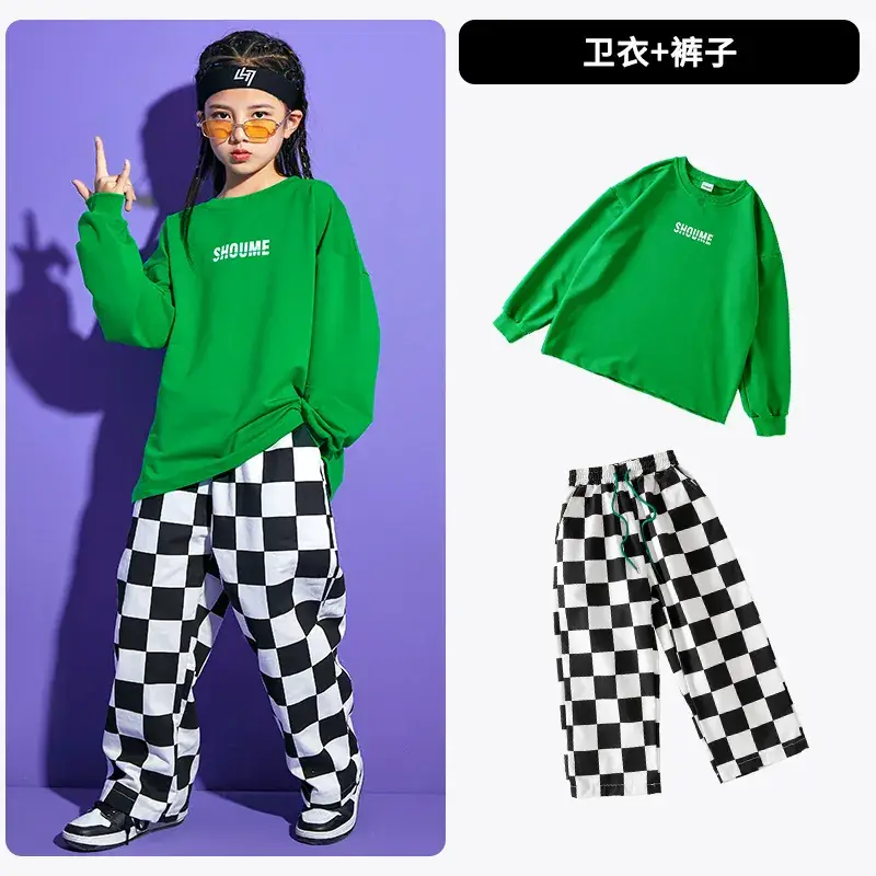 Children Hip Hop Checkered Sweatshirt Set Orange Green - Image 8