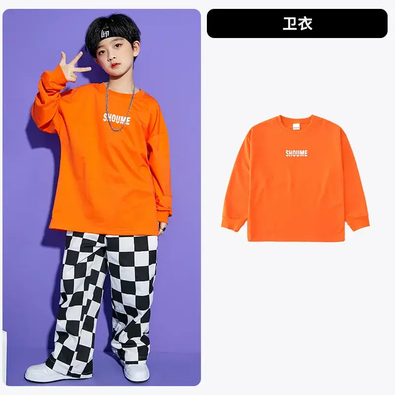 Children Hip Hop Checkered Sweatshirt Set Orange Green - Image 2
