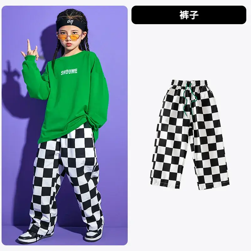 Children Hip Hop Checkered Sweatshirt Set Orange Green - Image 3