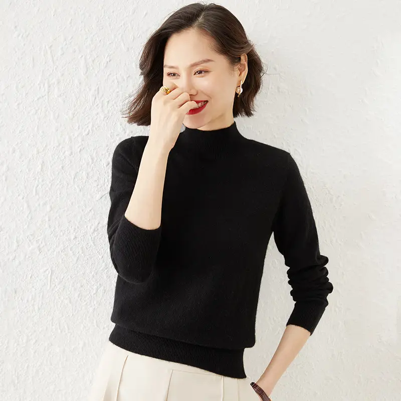 Women Green Half Turtleneck Knitwear Short Pullover - Image 2
