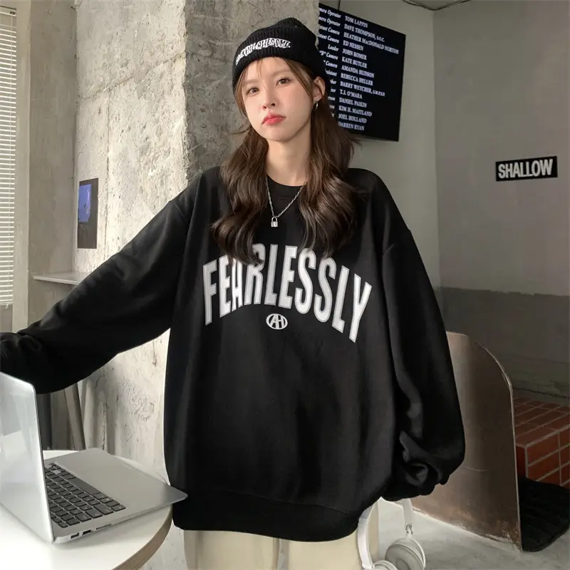 Women Long Sleeve Letter Printed Sweater Black - Image 7