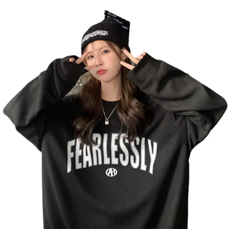 Women Long Sleeve Letter Printed Sweater Black - Image 8