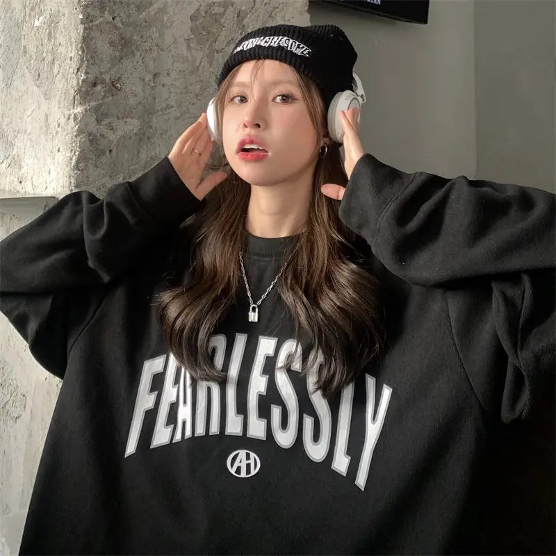 Women Long Sleeve Letter Printed Sweater Black — feature 23