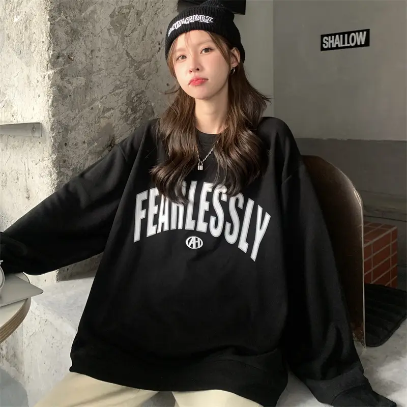 Women Long Sleeve Letter Printed Sweater Black — feature 24