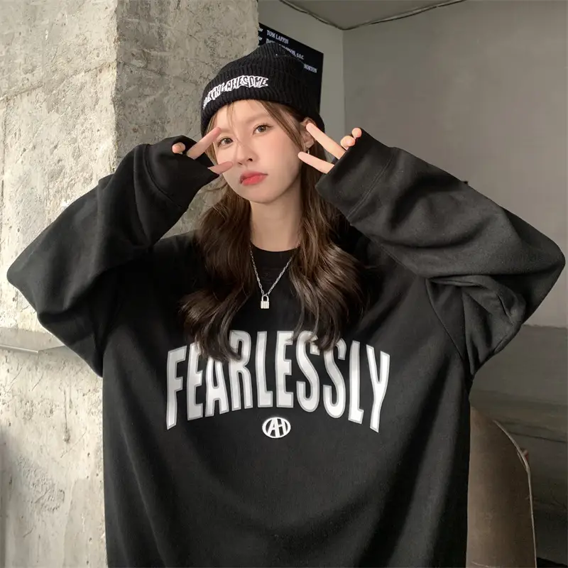 Women Long Sleeve Letter Printed Sweater Black — feature 25