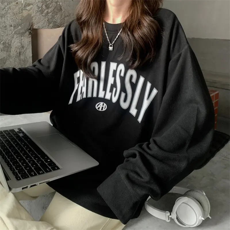 Women Long Sleeve Letter Printed Sweater Black — feature 28