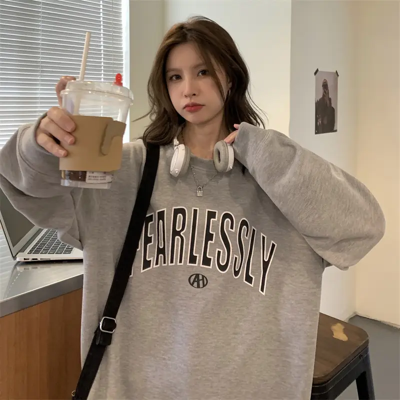 Women Long Sleeve Letter Printed Sweater Black - Image 2