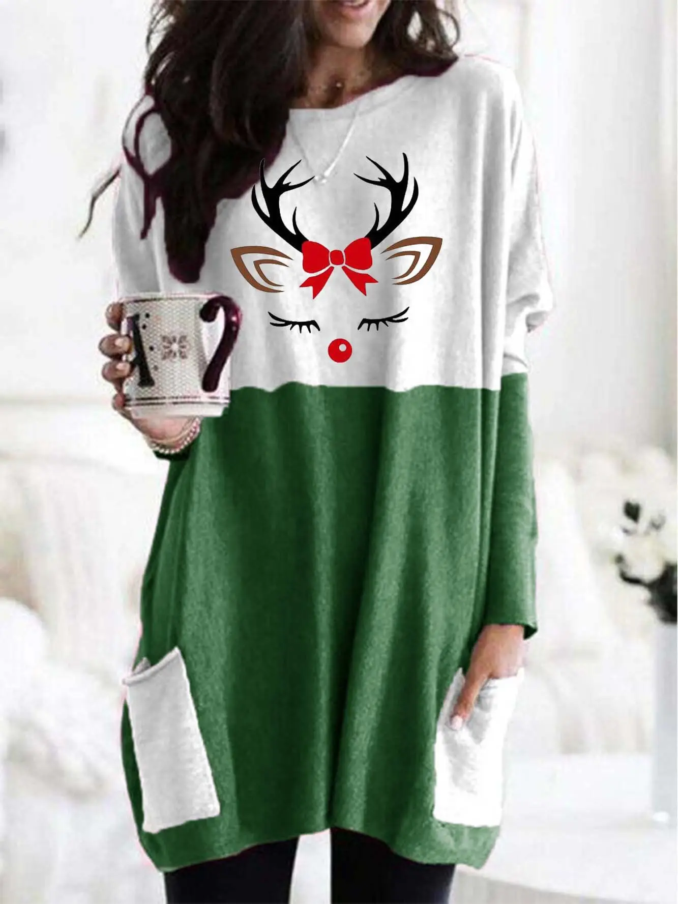 Merry Christmas Printed Long Sleeve T-Shirt Green White - Image 11